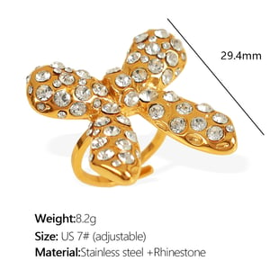 1 Pair Simple Series Retro Bow Knot Stainless Steel  Gold Color Rhinestone Women's Adjustable Rings h5 